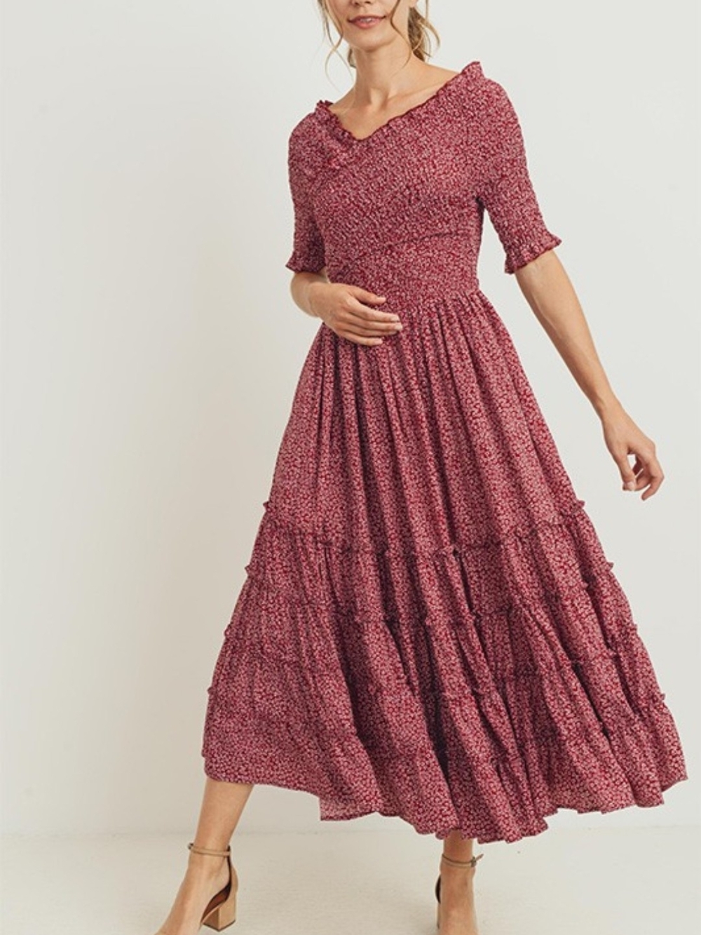 Tea N Rose Women's Burgundy Floral Tiered Midi Dress- Plus Size